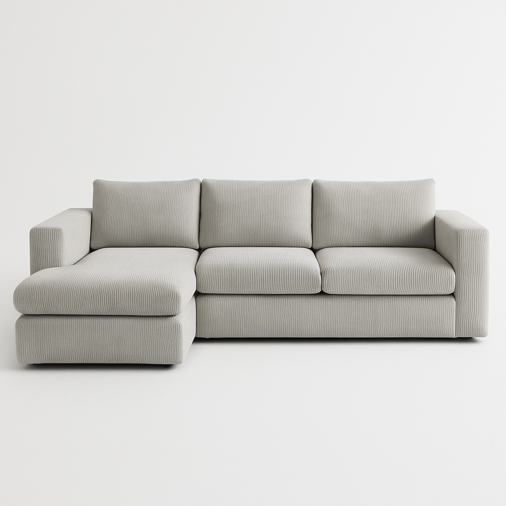 Sofá seccional de tela tecnológica acolchada en gris claro con chaise longue, tamaño 300x200x85 cm