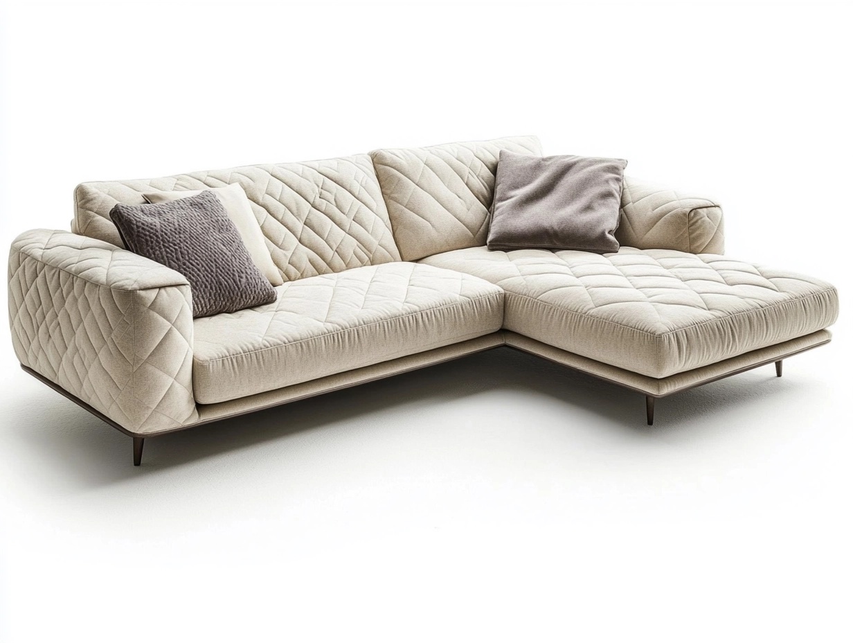 Sofá esquinero moderno de 280x180 cm para sala con chaise longue tapizado en tela beige estructura robusta y patas metálicas kq7018901