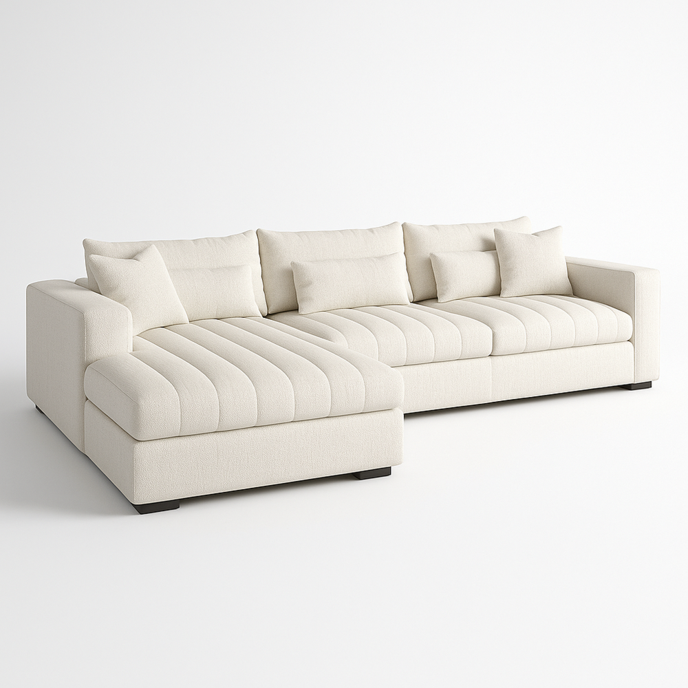 Sofá Seccional en Tela Tecnológica Beige con Chaise Longue y Cojines, 295 x 170 x 85 cm