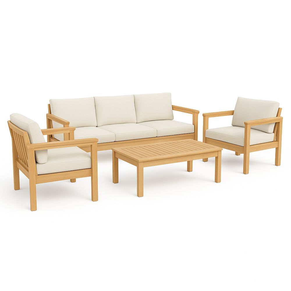 Sofá de jardín moderno con mesa de café de madera,juego de muebles exteriores,3 plazas,cojines beige