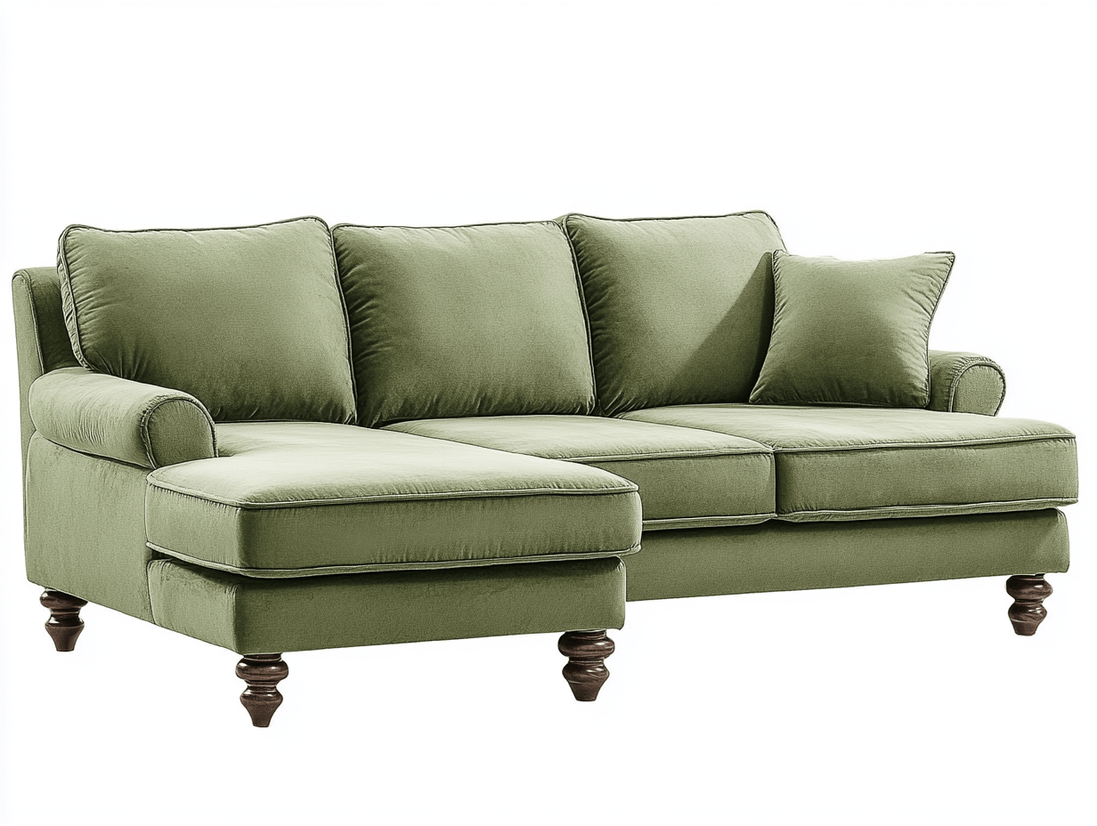 Sofá chaise longue clásico tapizado en terciopelo verde con patas torneadas 235x160cm