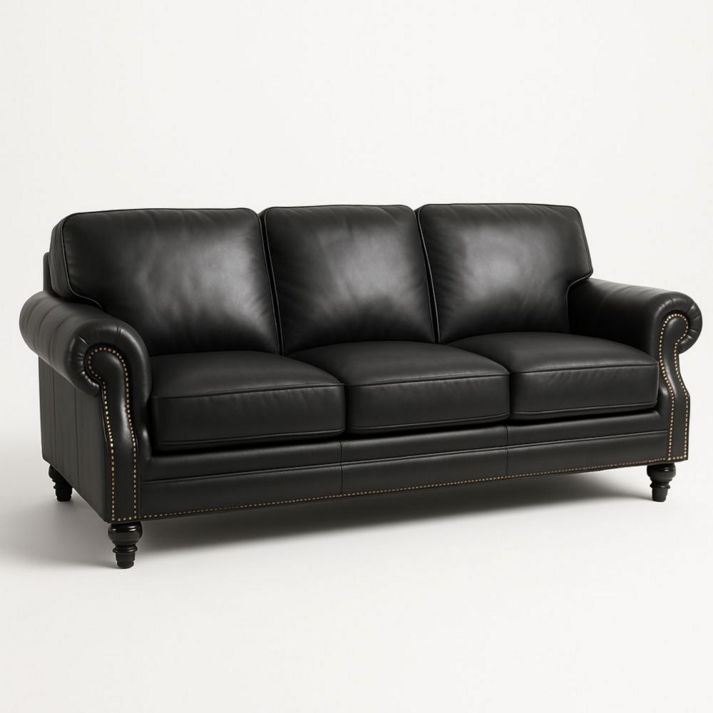 Sofá de Tres Plazas de Piel Negra con Brazos Enrollados