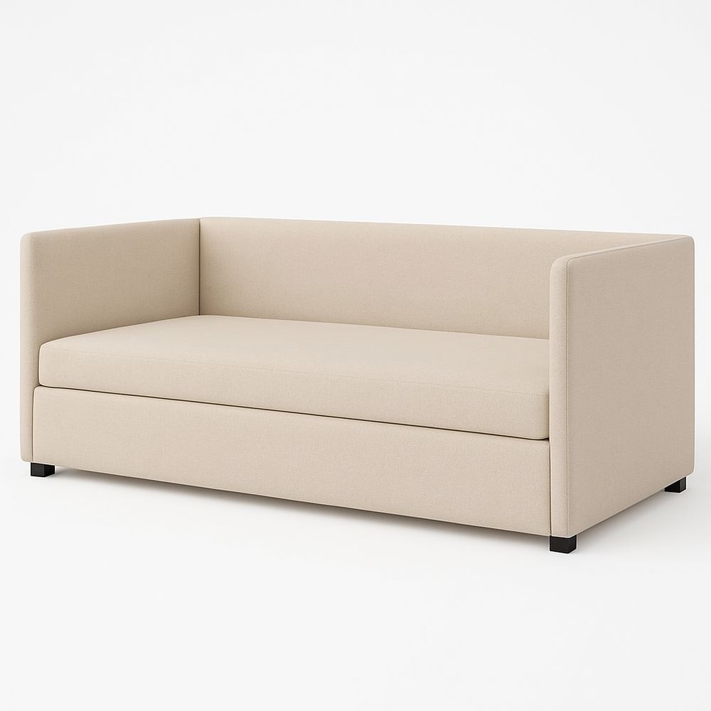 Sofá moderno de dos plazas con almacenamiento, estilo contemporáneo, tapizado en tela beige, estructura resistente
