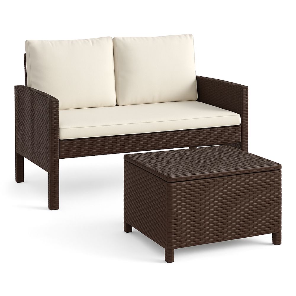 Sofá de Jardín de Rattan con Mesa de Café, Conjunto de Muebles de Patio, Mobiliario Exterior, Color Marrón, Dos Plazas, Estilo Moderno