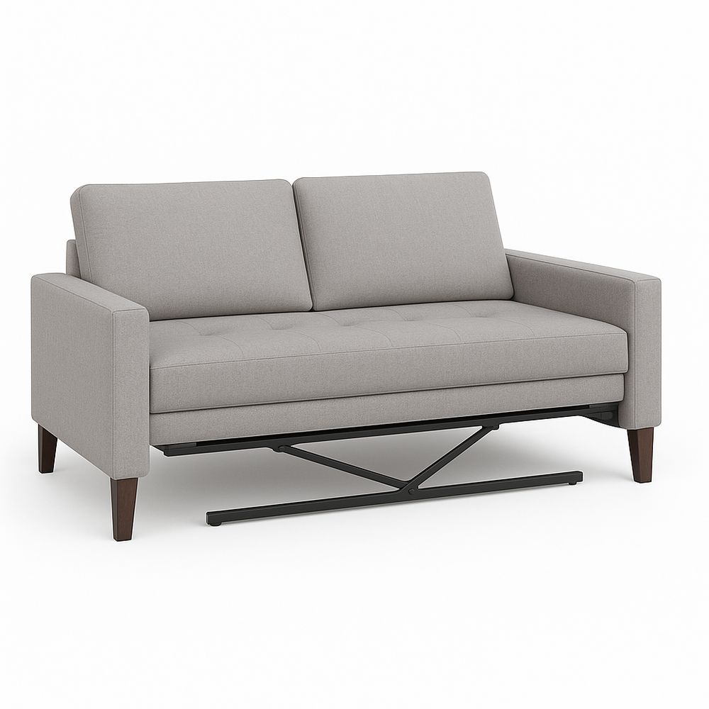 Sofa cama moderno de dos plazas en color gris,estructura de metal y madera,estilo contemporáneo
