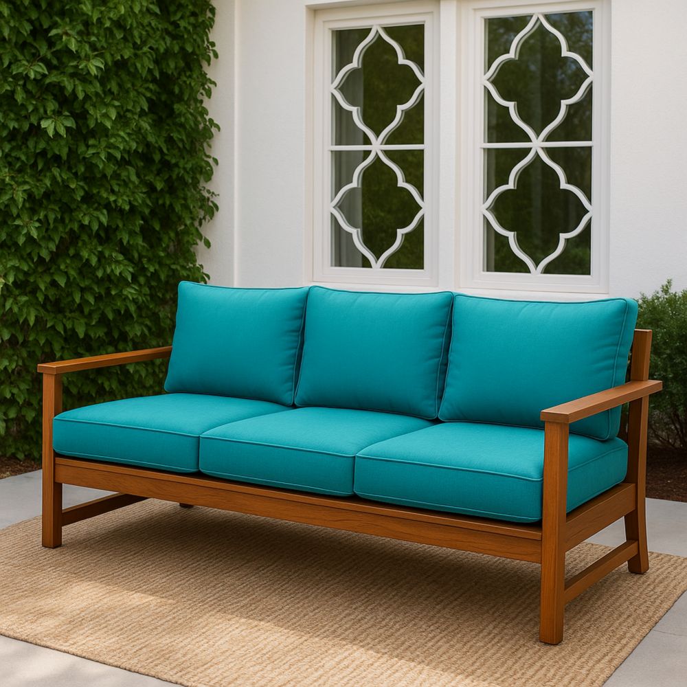 Sofá de jardín madera de acacia tres plazas cojines desmontables turquesa