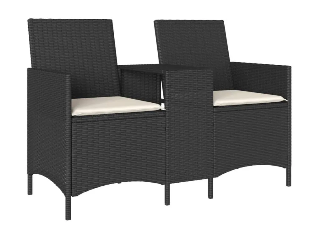Sofá jardín de 2 plazas con mesa y cojín ratán sintético negro 61105dovz