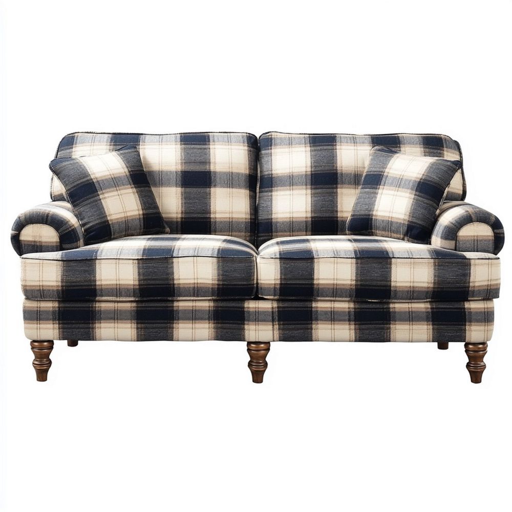 Sofá de Dos Plazas Estilo Cuadros para Sala Comodidad 150 cm Azul/Beige Tela Madera Clásico