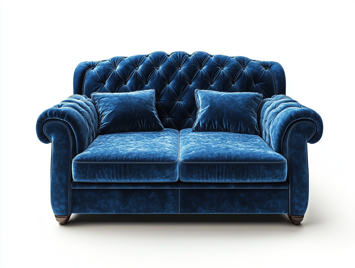 Sofá de terciopelo azul de dos plazas elegante para sala de estar
