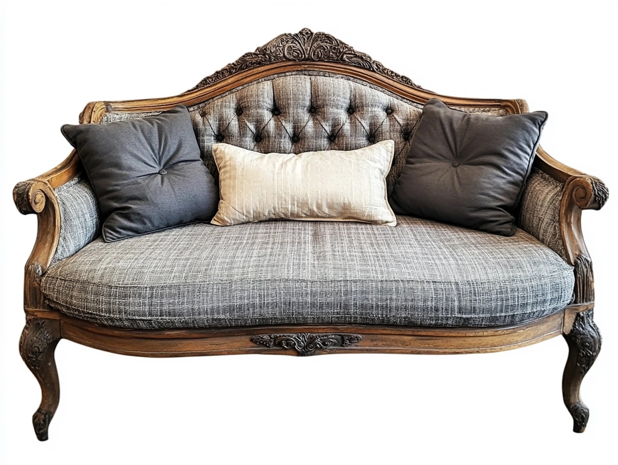 Sofá vintage de dos plazas en lino gris para sala de estar con estructura de madera tallada elegante y cojines decorativos 170x85x105 cm nb1359755