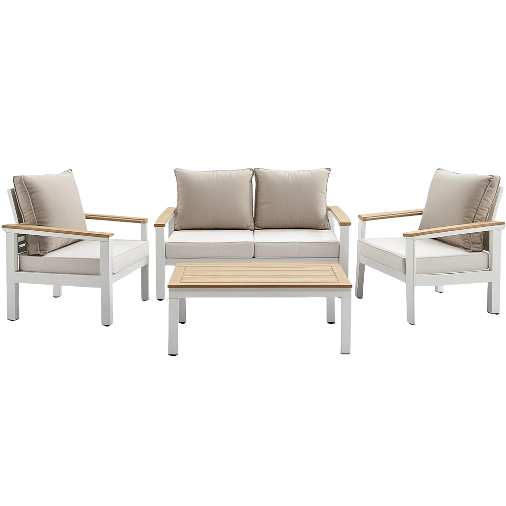 Conjunto de muebles de jardín blanco y beige, sofá y sillones con mesa de aluminio y madera, 4 plazas para terraza jo7056247