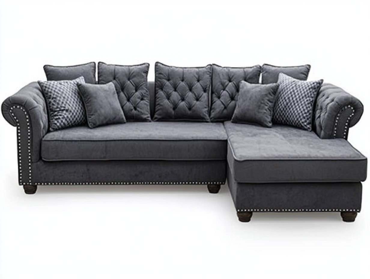 Sofá chaise longue de terciopelo gris con tachuelas CF7811916