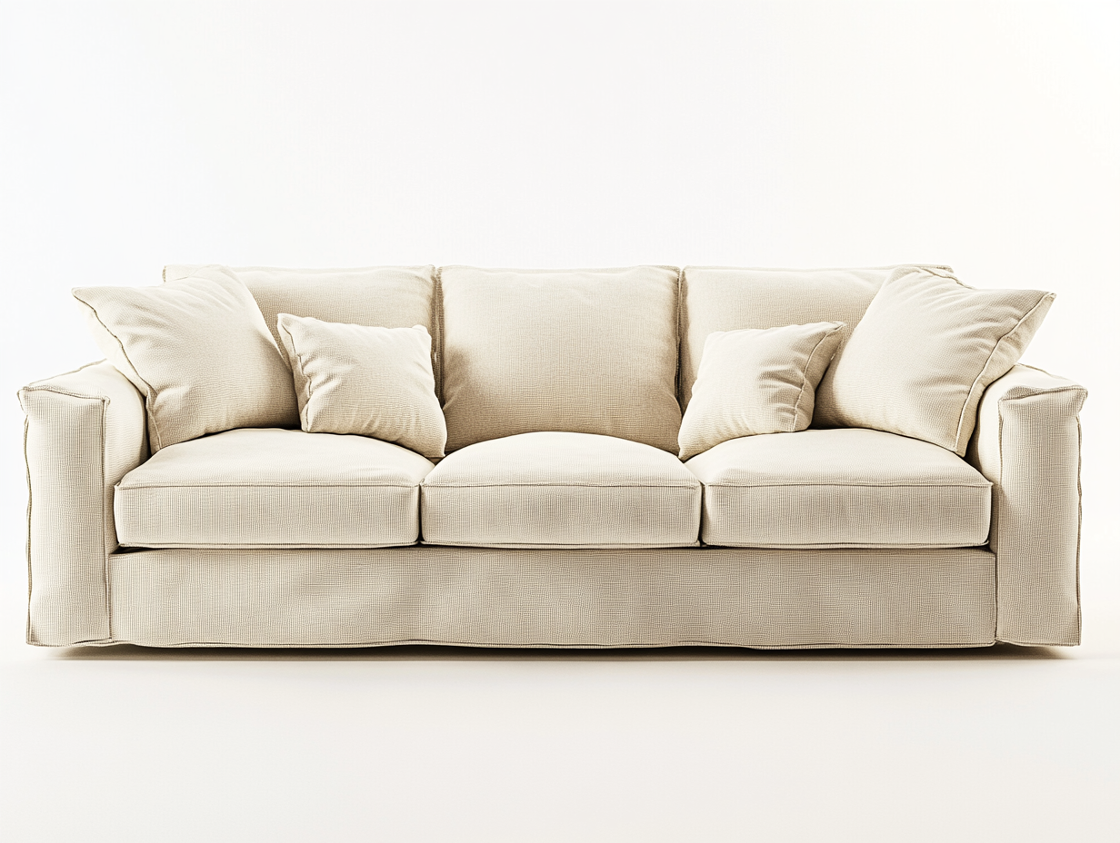 Sofá de 3 plazas tapizado en tela beige con cojines incluidos para salón TZ5293702