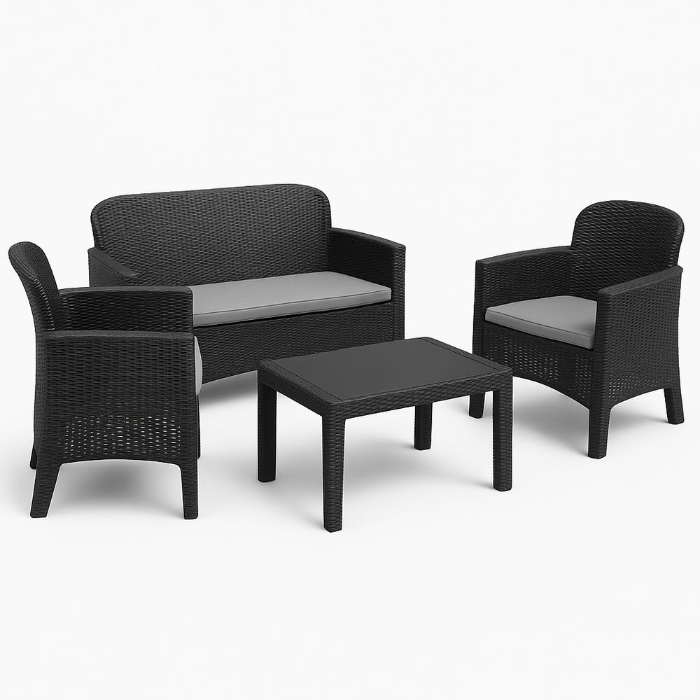 Juego de Muebles de Jardín de Ratan Negro con Cojines Grises, Sofá de 2 Plazas, 2 Sillas y Mesa de Centro, Estilo Moderno y Elegante