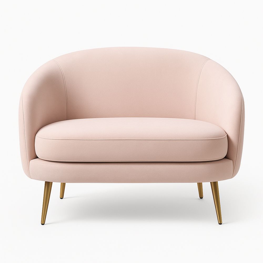 Sofá de dos plazas en diseño moderno, tapizado suave de tela, estructura resistente de madera, patas metálicas doradas, color rosa