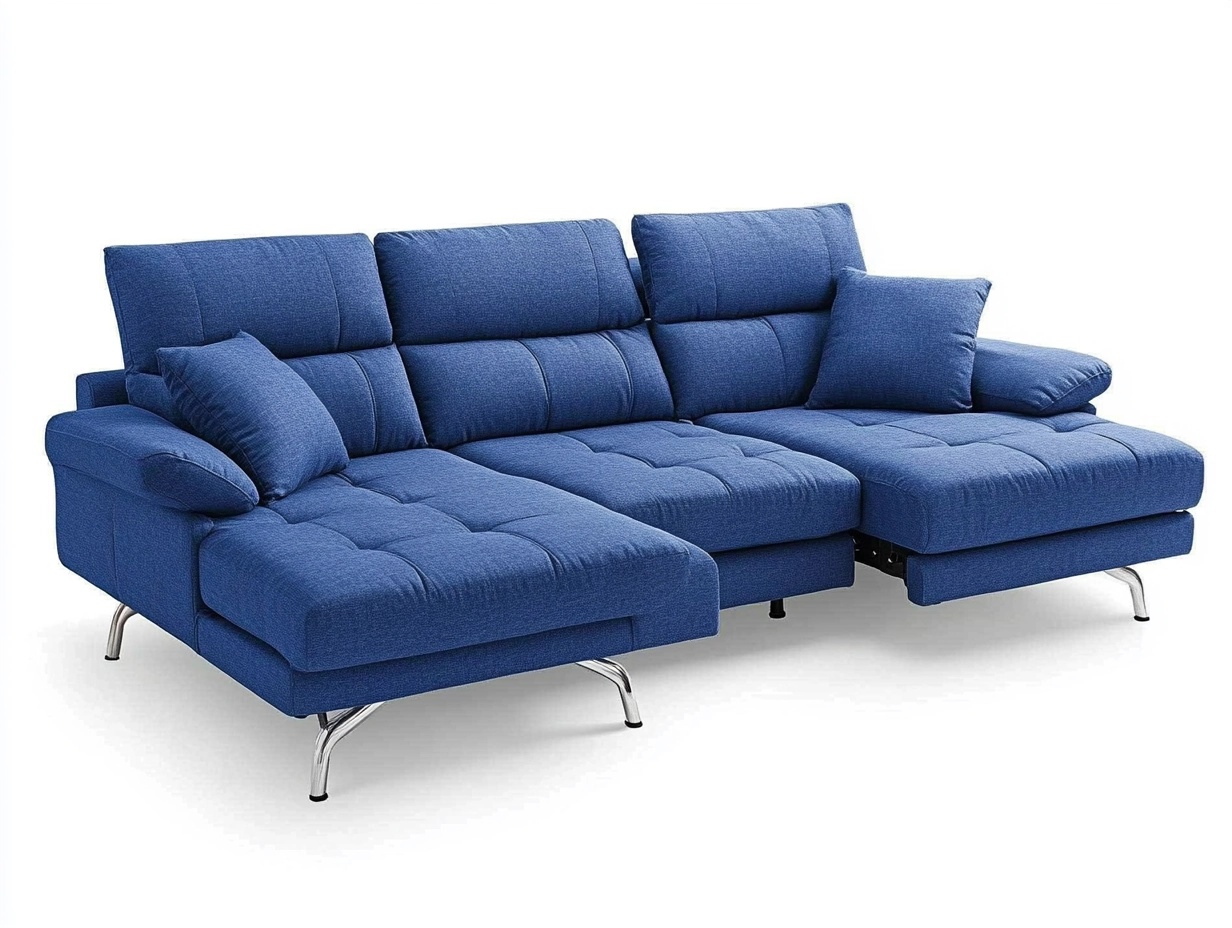 Sofá seccional grande de tela azul moderno 280x180 cm para sala con diseño chaise longue y patas metálicas dp3760150