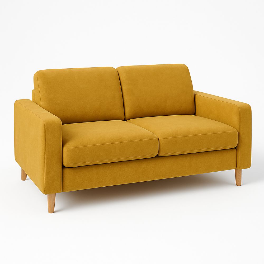 Sofá moderno de dos plazas en color mostaza, tapizado en tejido suave, estilo escandinavo, piernas de madera, diseño minimalista