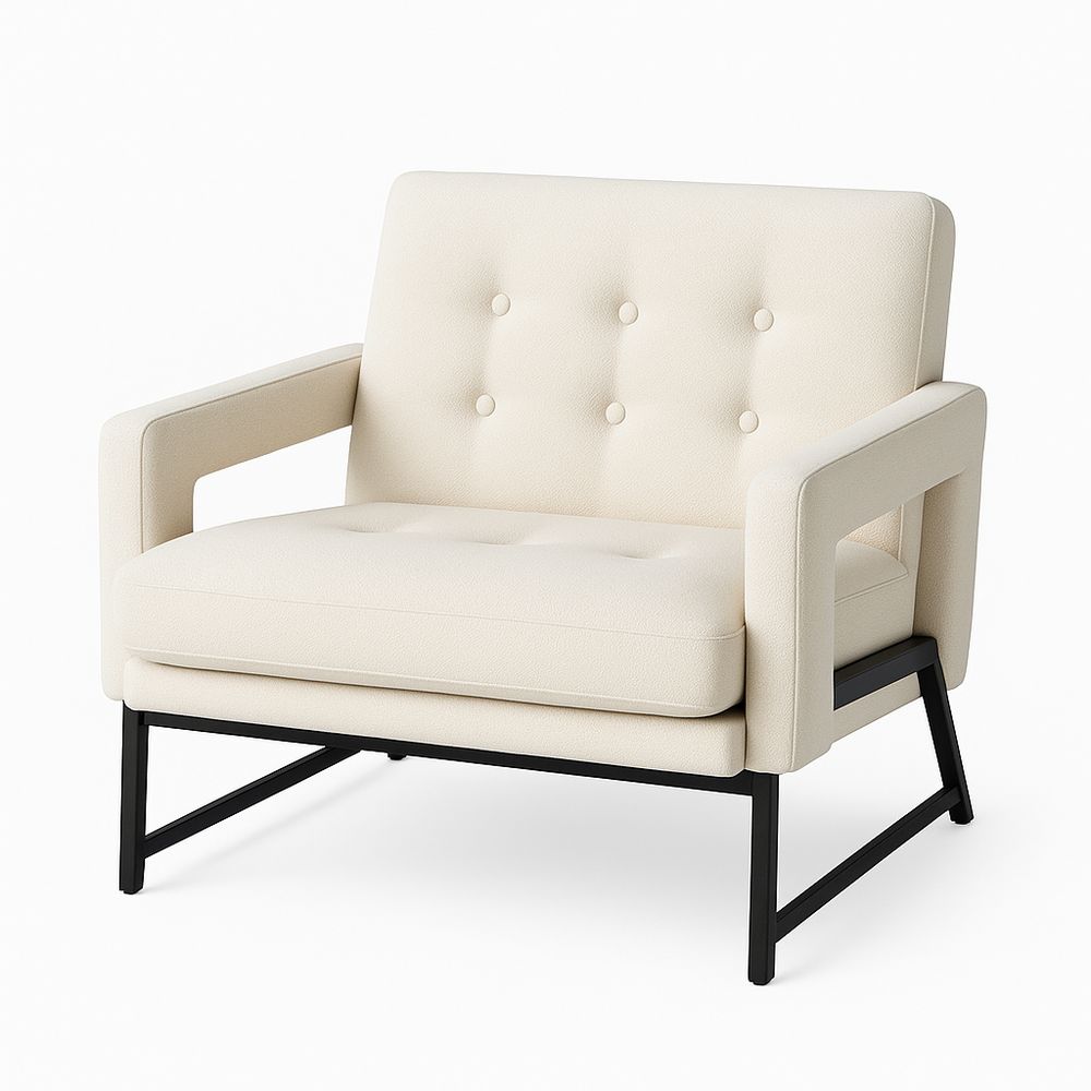 Sofá moderno de dos plazas con tapizado suave y estructura metálica negra