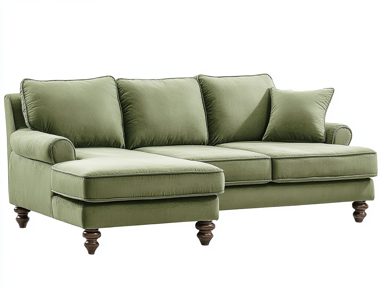 Sofá chaise longue clásico tapizado en terciopelo verde con patas torneadas 235x160cm