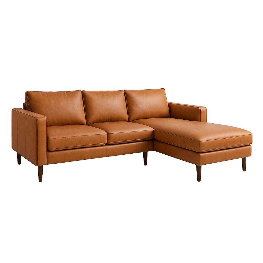Sofá de esquina moderno de cuero marrón, elegante y cómodo, con chaise longue, estructura de madera