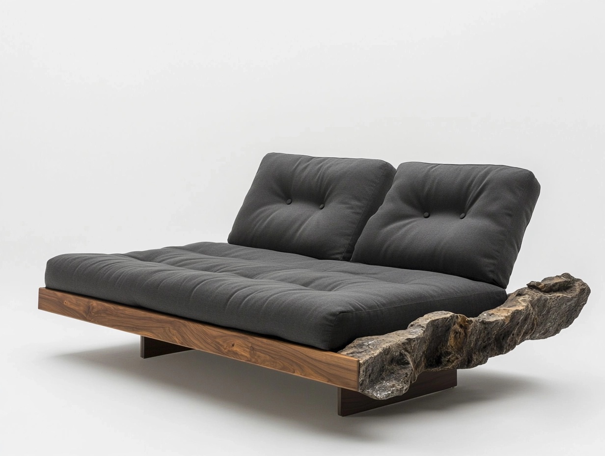 Sofá chaise longue moderno de color gris antracita con base de madera y piedra natural para sala de estar diseño minimalista 200x110 cm VU1355975