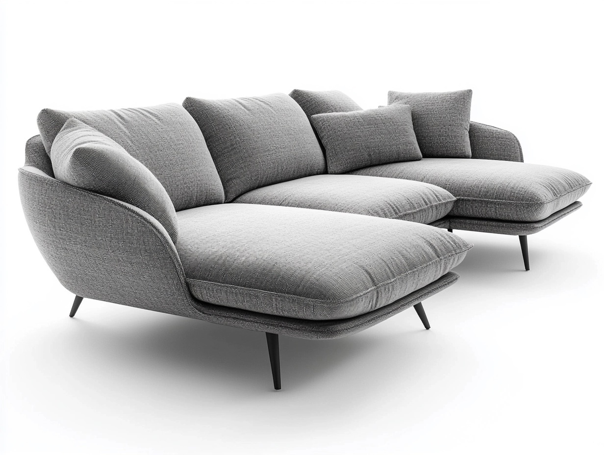 Sofá seccional moderno de tela gris 280x170 cm para salón con chaise longue estructura metálica minimalista