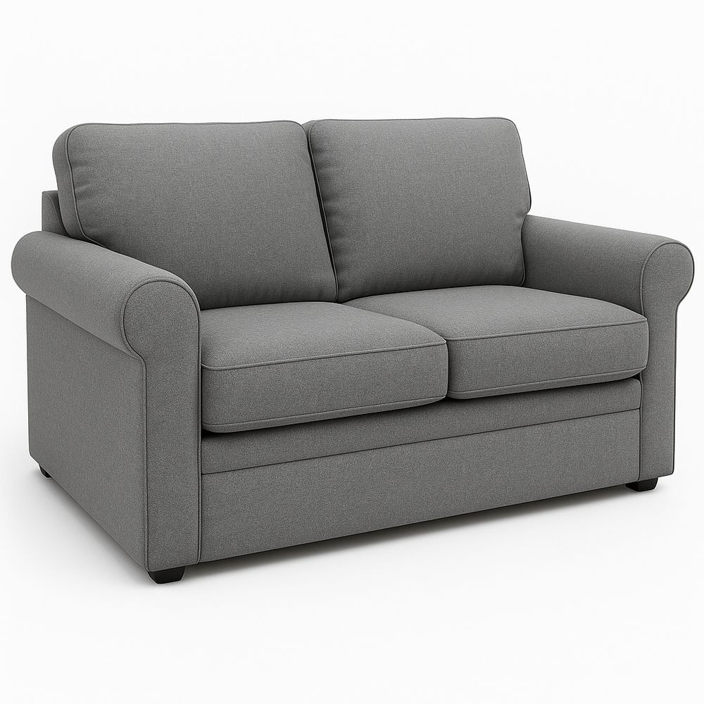 Sofá de dos plazas moderno, tapizado en tela gris, estilo contemporáneo, estructura de madera sólida, ideal para sala de estar