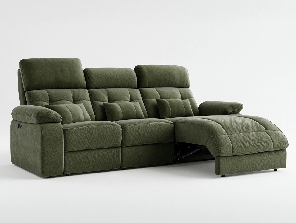 Sofá chaise longue reclinable verde oliva de tela moderna para sala de estar 280x160cm HF1035191