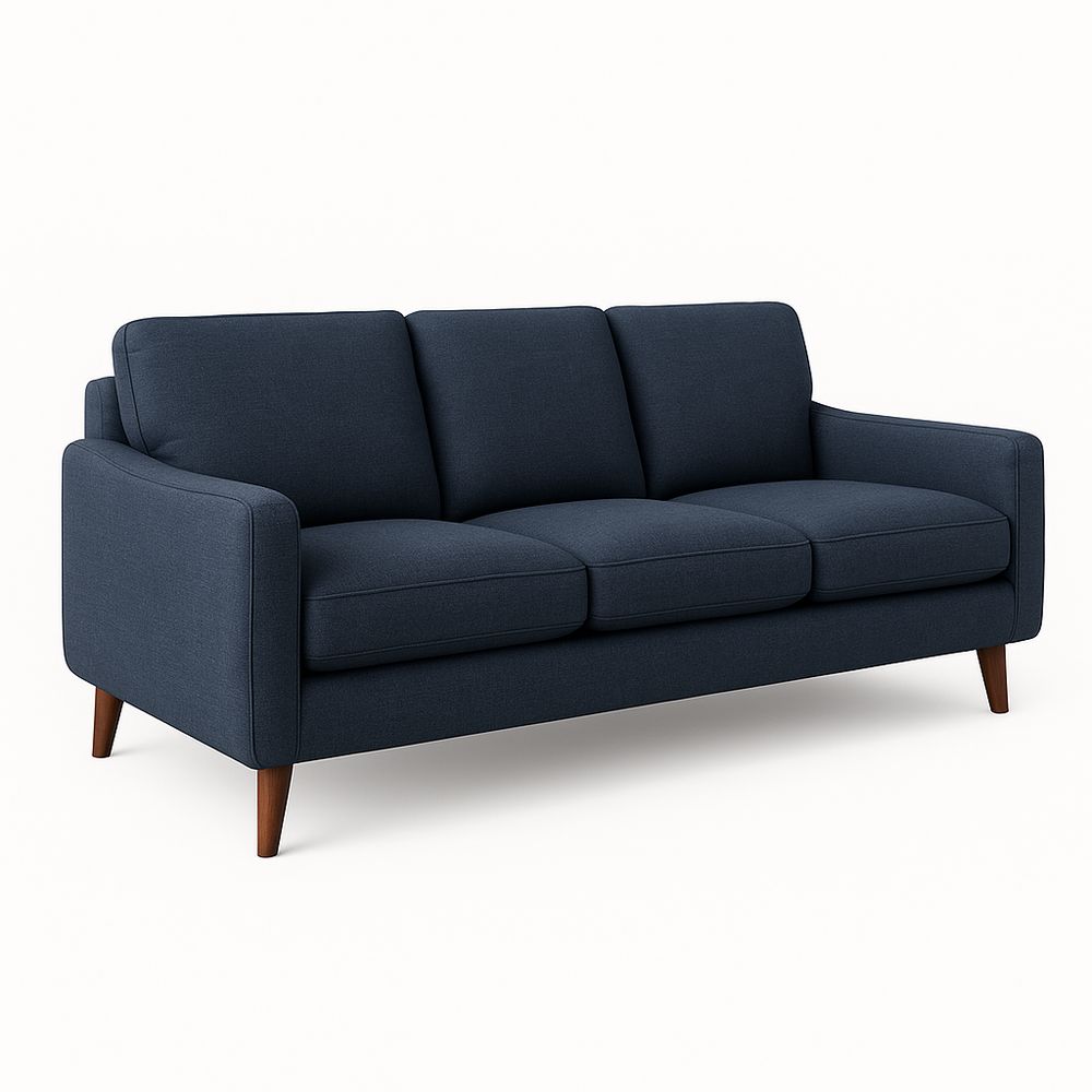 Sofá moderno de tres plazas en color azul marino, tapizado en tela suave, con patas de madera de estilo escandinavo, ideal para sala de estar