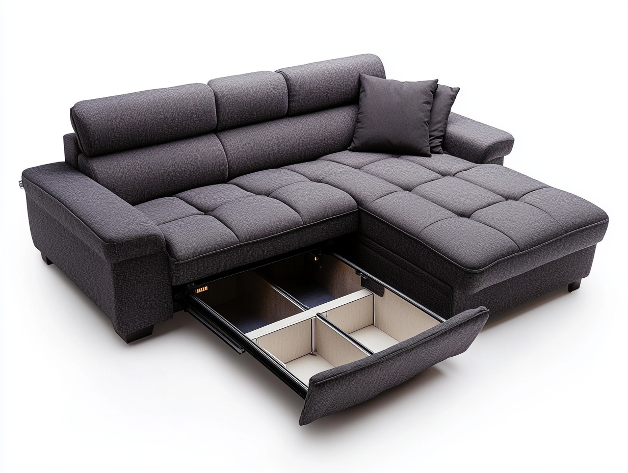 Sofá chaise longue de tela gris con almacenamiento moderno para sala de estar 250x160 cm