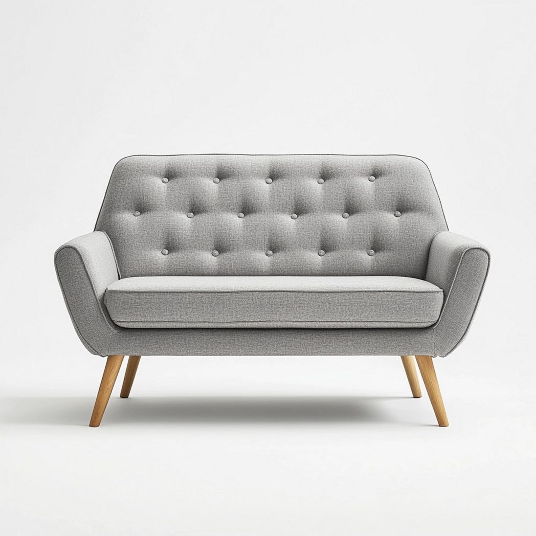 Sofá de Dos Plazas Tapizado en Tela Gris con Patas de Madera para Sala de Estar 150cm