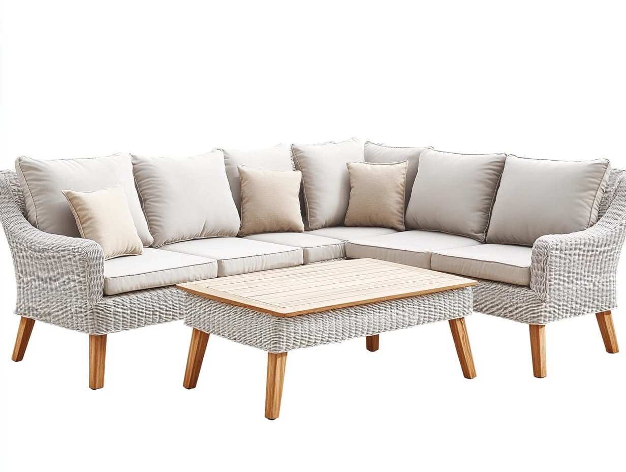 Conjunto Sofá Esquinero Ratán Sintético 5 Plazas Cojines Algodón Mesa Madera Beige/Blanco