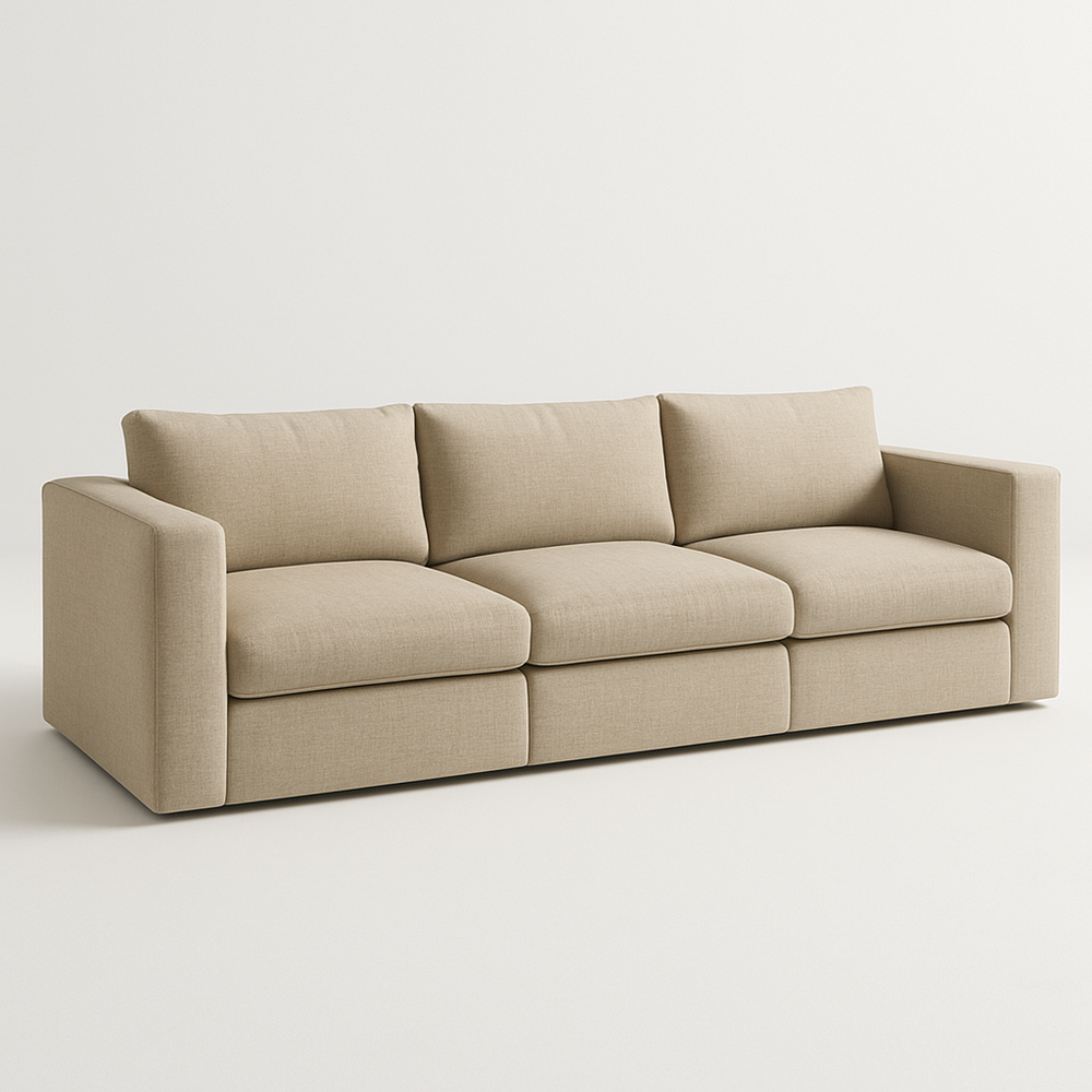 Sofá Tapizado Beige Salón Espacioso Comodidad Moderna Tres Plazas