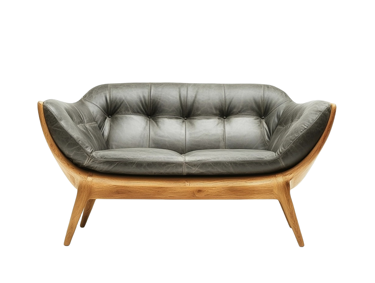 Sofá de dos plazas de cuero gris con base de madera natural 160x80x75 cm para sala de estar ji9924024