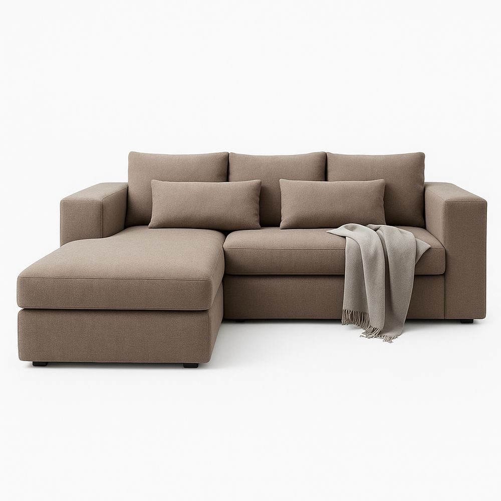 Sofá esquineros moderno en color marrón,con chaise longue y cojines incluido,de tela resistente,3 plazas,ideal para sala de estar