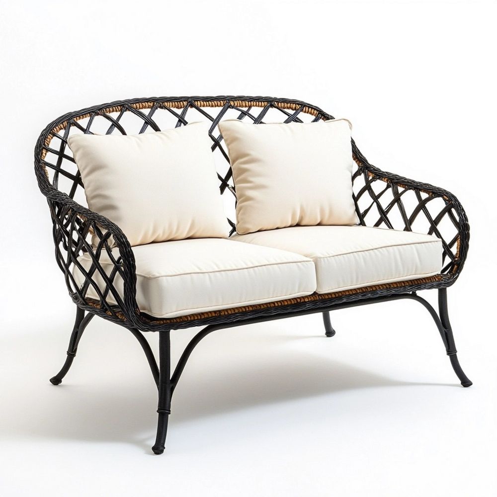 Sofá de Jardín Negro/Beige Mimbre Exterior 2 Plazas Confortable