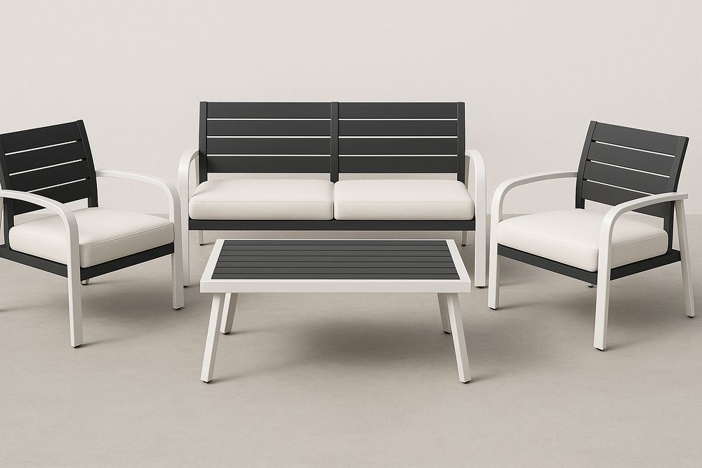 Set de muebles de jardín blanco y negro, sofá 2 plazas, 2 sillones y mesa de centro