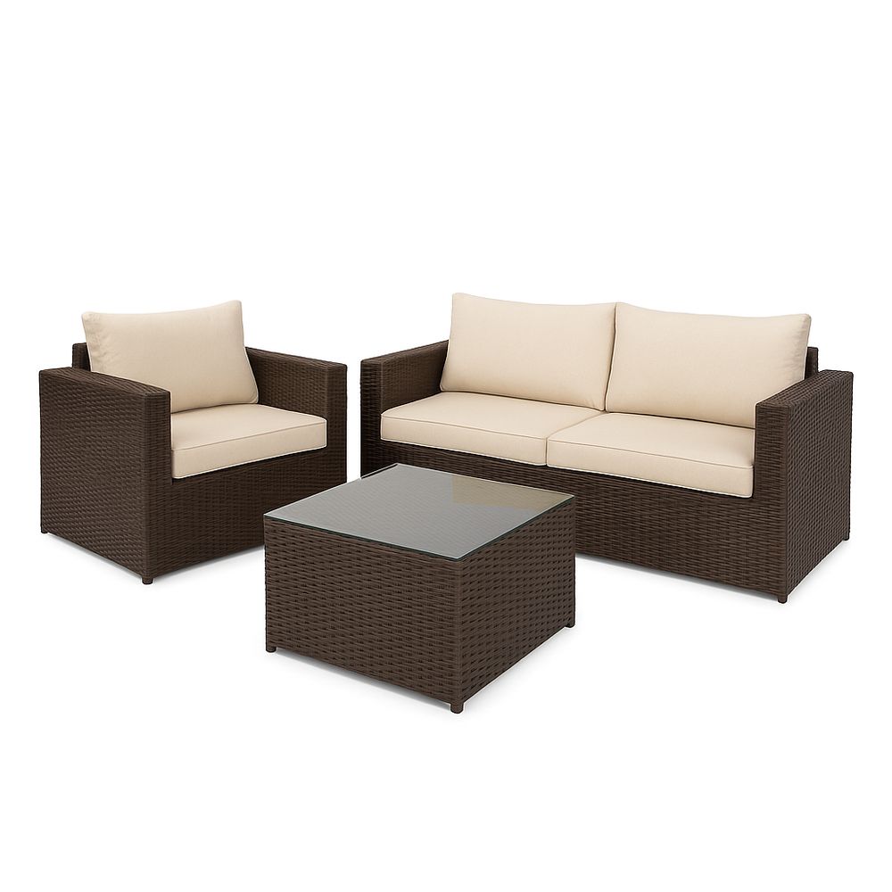 Conjunto de Sofá de Jardín de Ratan, Muebles de Exterior, Sofá de Dos Plazas, Sillas Individuales y Mesa de Cristal, Color Marrón y Beiges