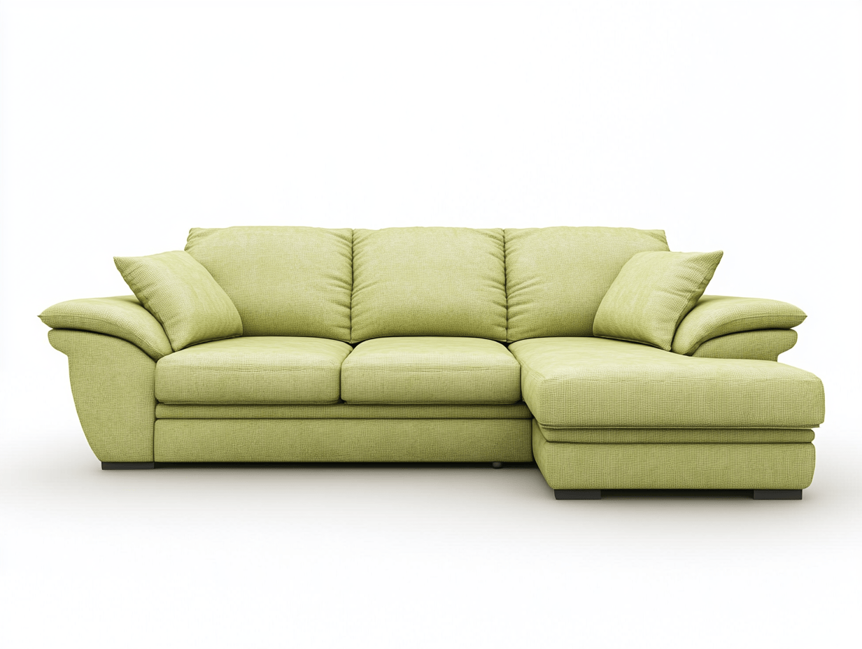 Sofá chaise longue acolchado tapizado en tela verde lima con cojines incluidos 255x155cm