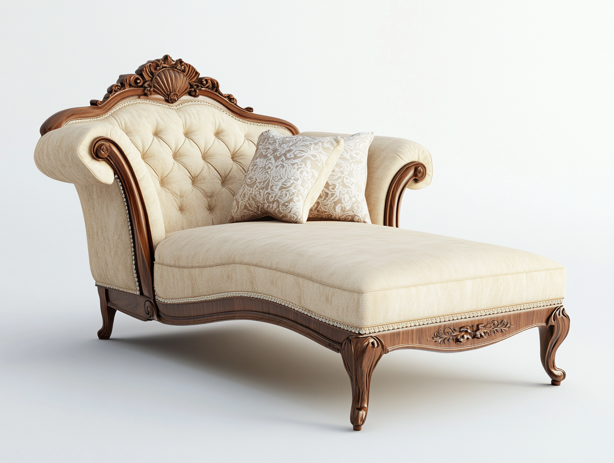 Sofá chaise longue de madera y tela estilo clásico para sala de estar tamaño grande - beige