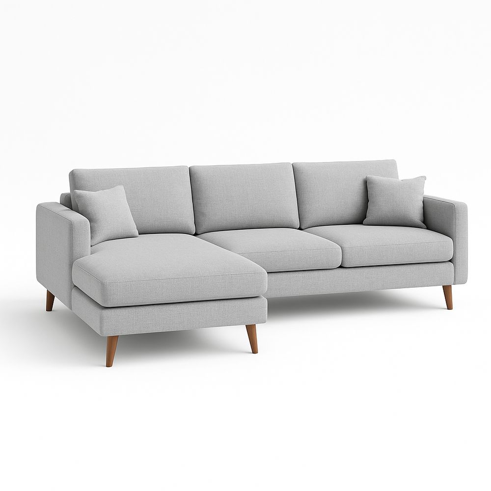 Sofá Esquinero Moderno de Tela Gris con Reposabrazos y Almohadas,Diseño Elegante para Sala de Estar,Estructura de Madera,4 Plazas