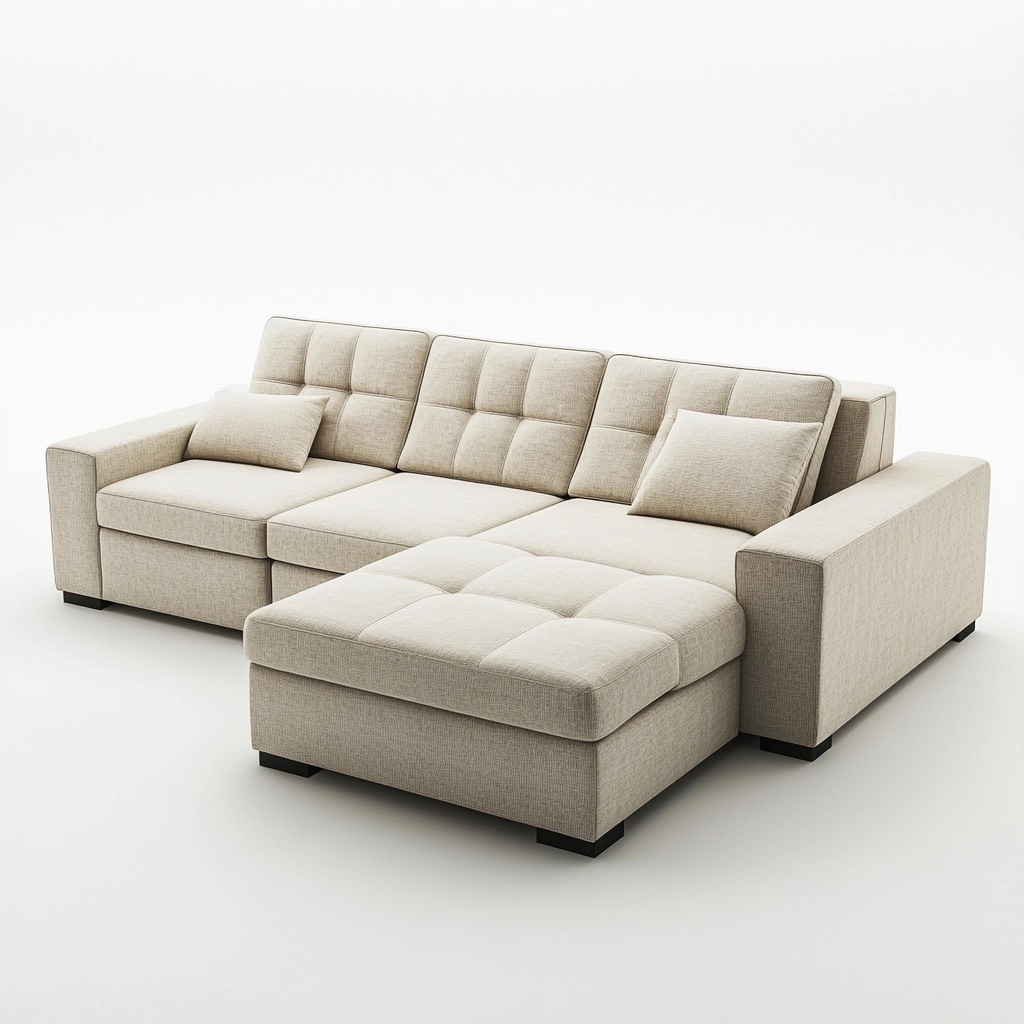 Seccional de tela beige para sala de estar sofá chaise largo moderno