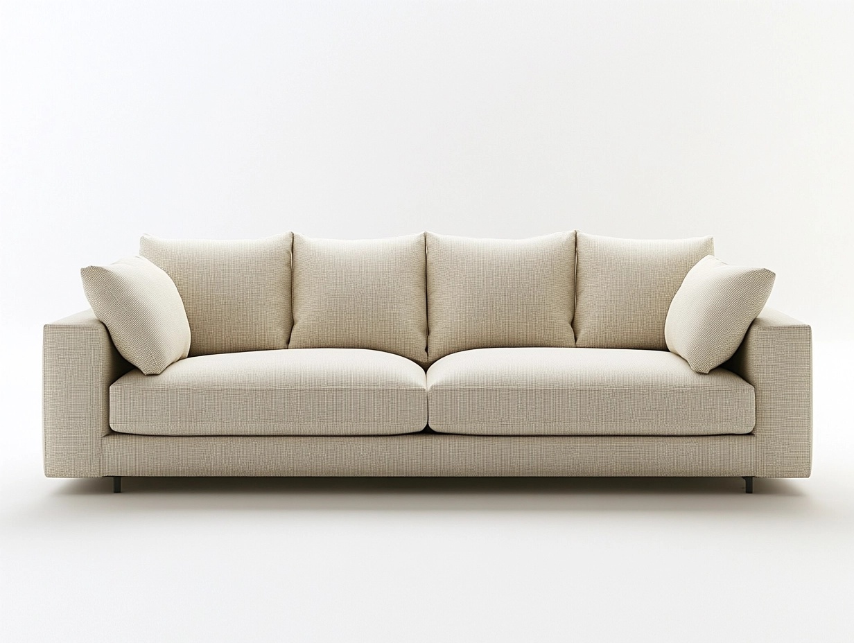 Sofá moderno de tres plazas 220x90 cm para sala con cojines extraíbles tapizado en tela beige estructura de madera