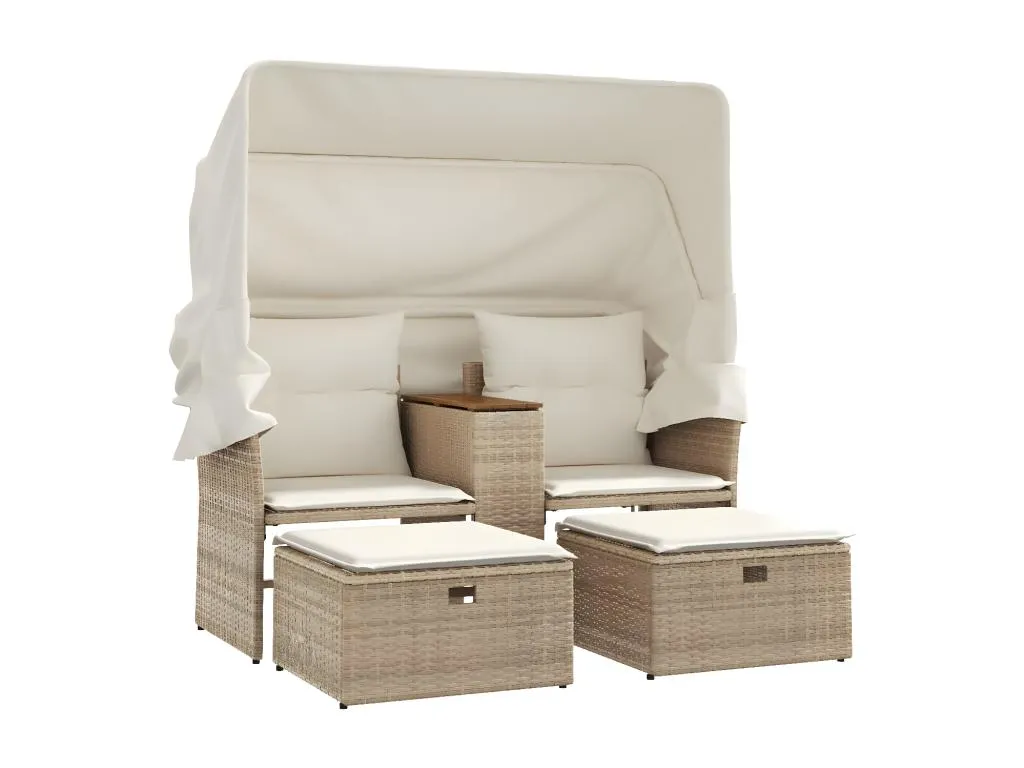 Sofá de jardín 2 plazas con toldo y taburetes ratán PE beige
