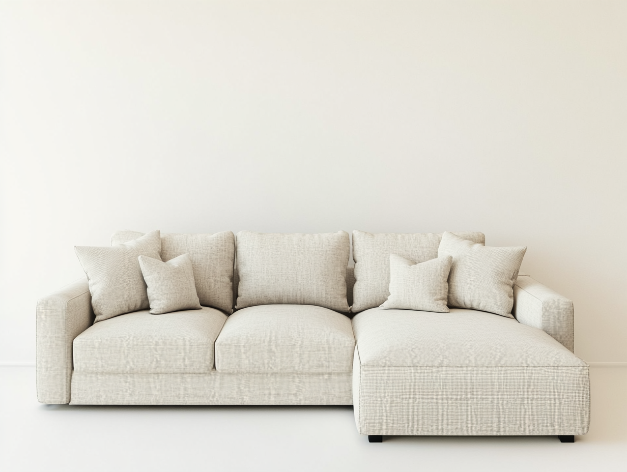 Sofá chaise longue moderno beige para salón con cojines decorativos y tapizado de tela NK3140076