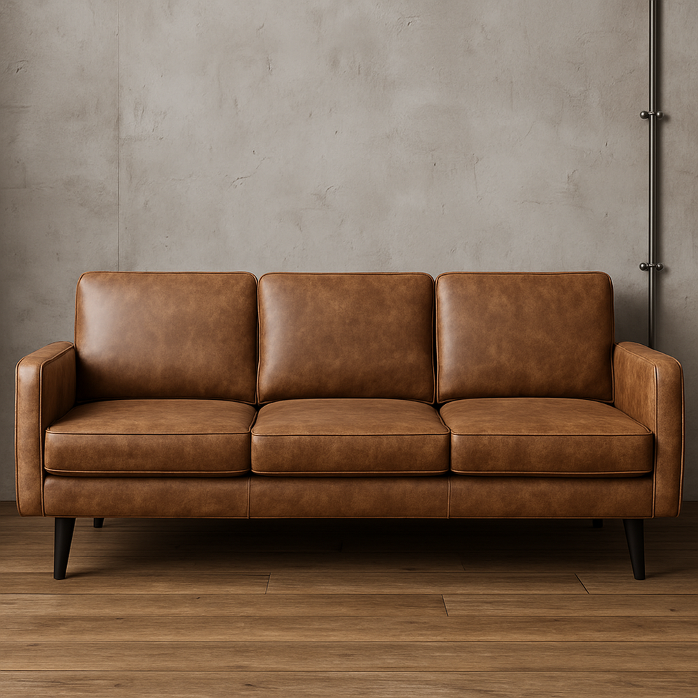 Sofá de 3 plazas en cuero PU marrón con patas de madera maciza 210x85x90cm