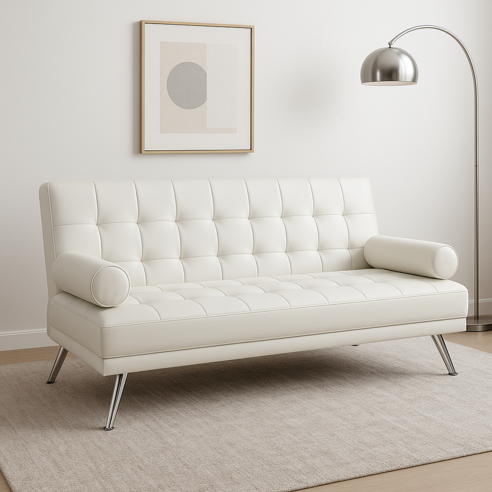 Sofá de Tres Plazas en Cuero PU Blanco con Patas de Acero Inoxidable, 200 x 85 x 90 cm