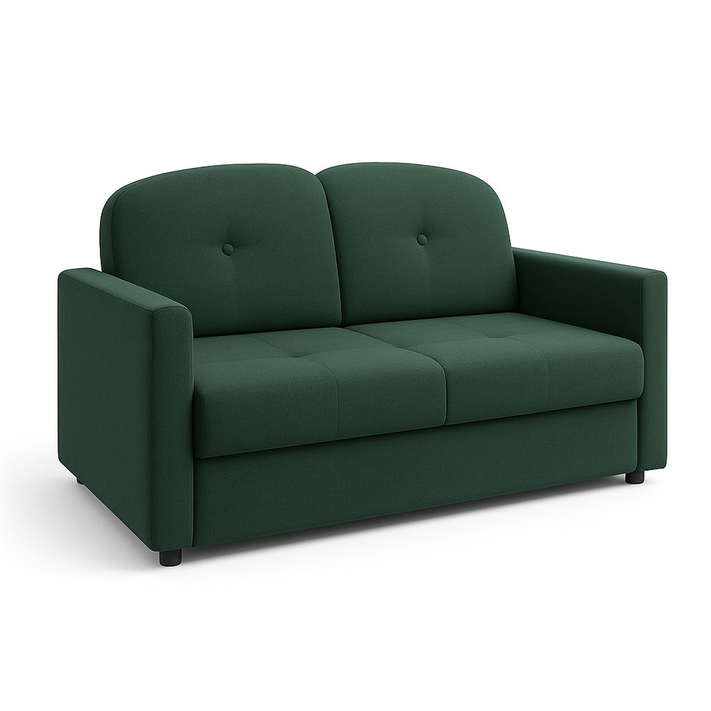 Sofá moderno de dos plazas en terciopelo verde, diseño contemporáneo, estructura robusta, ideal para salas pequeñas