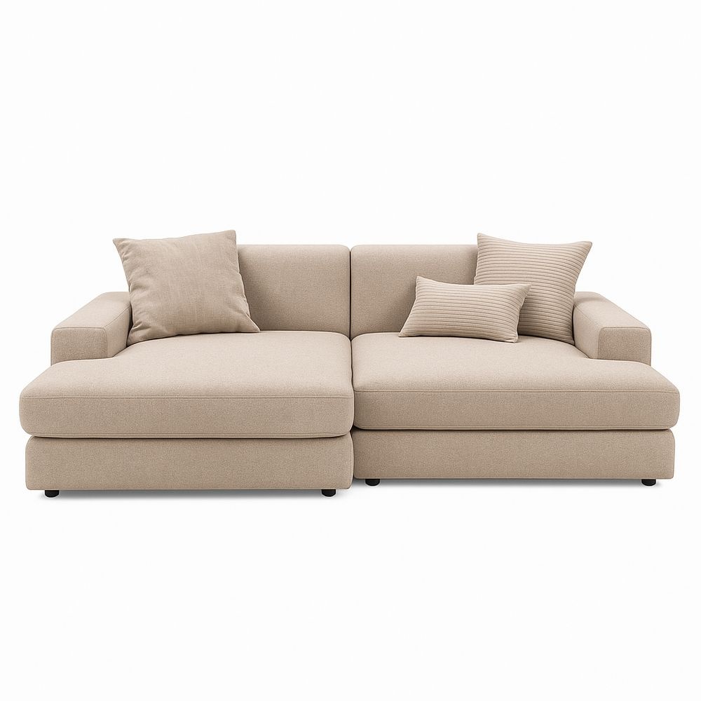 Sofá seccional de 3 plazas beige con chaise longue tapizado en poliéster y estructura de madera 250x150x85cm