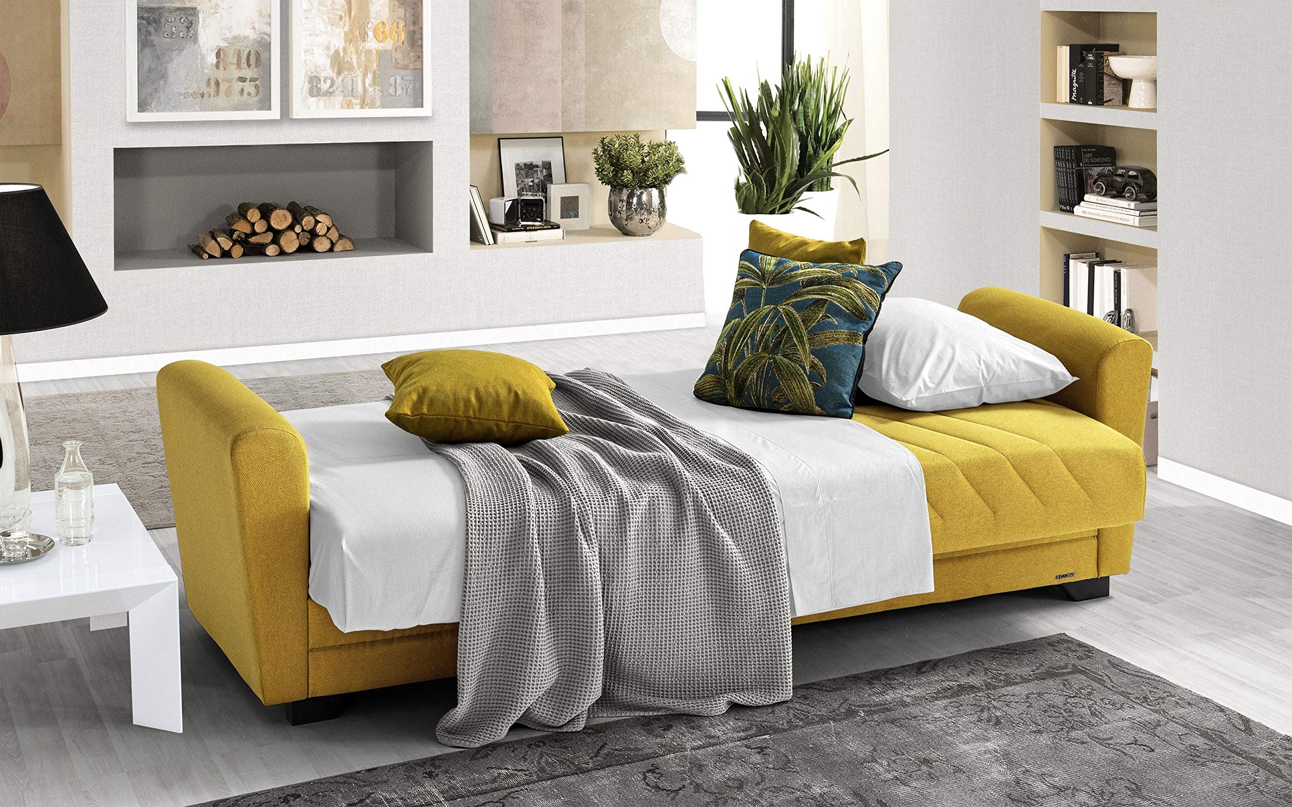 Sofá cama 3 plazas amarillo mostaza con compartimento